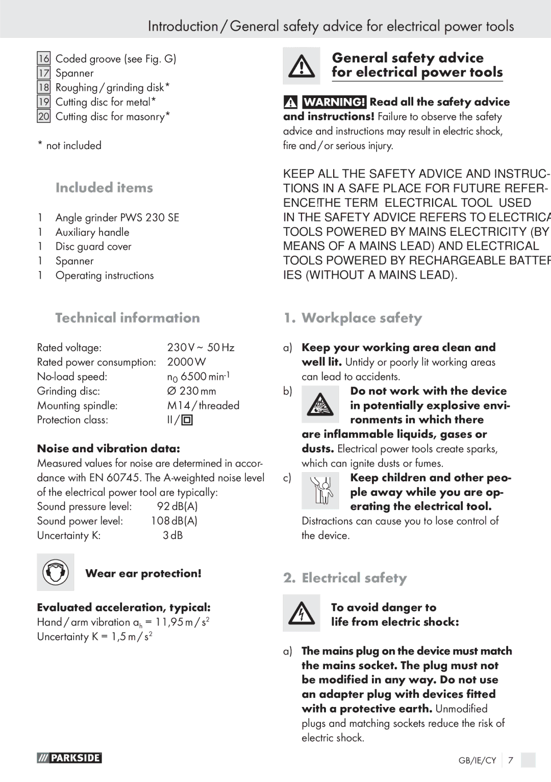 Parkside PWS 230 SE manual General safety advice, For electrical power tools, Included items, Electrical safety 