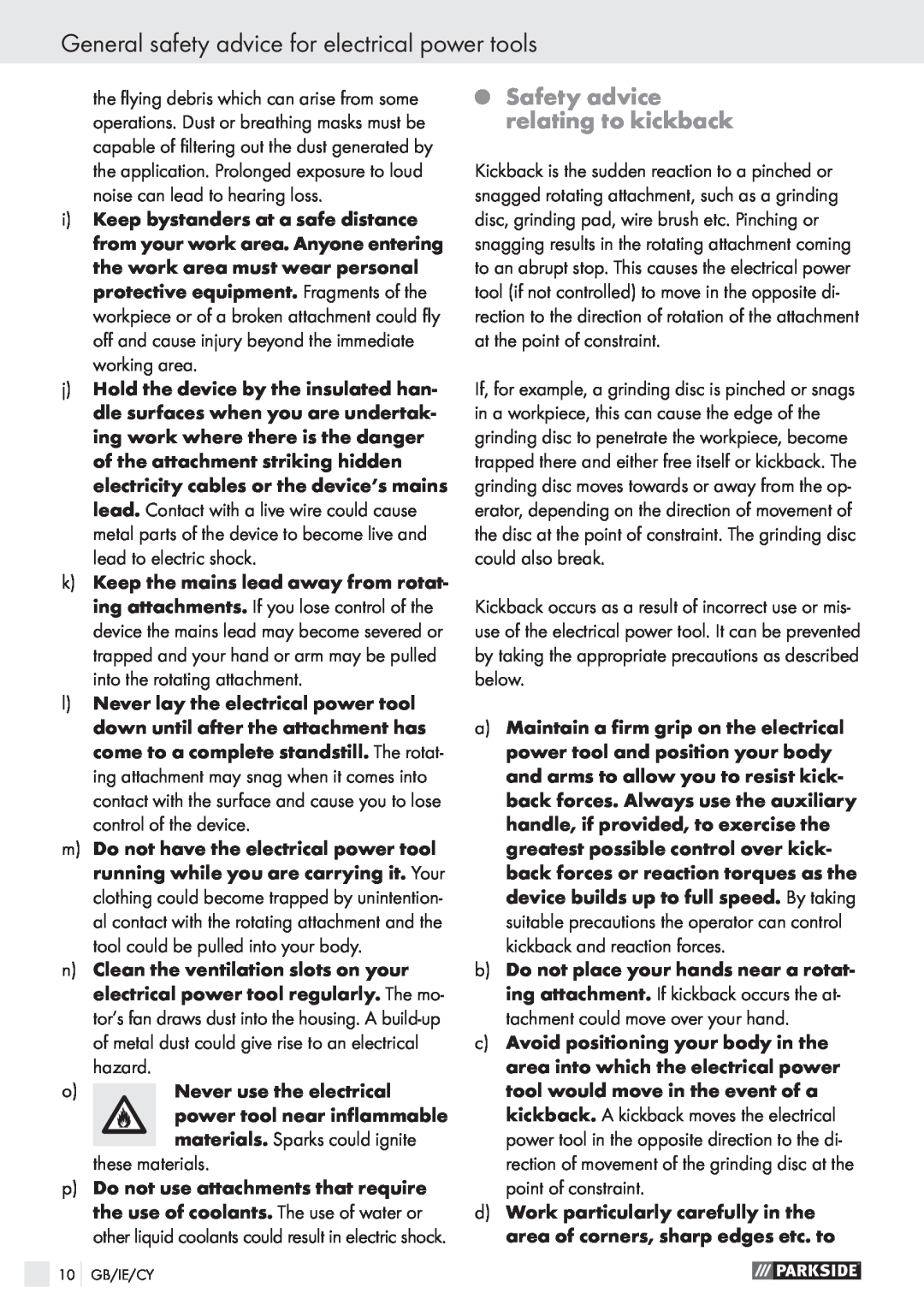 Parkside PWS 230 SE manual Safety advice relating to kickback, General safety advice for electrical power tools 