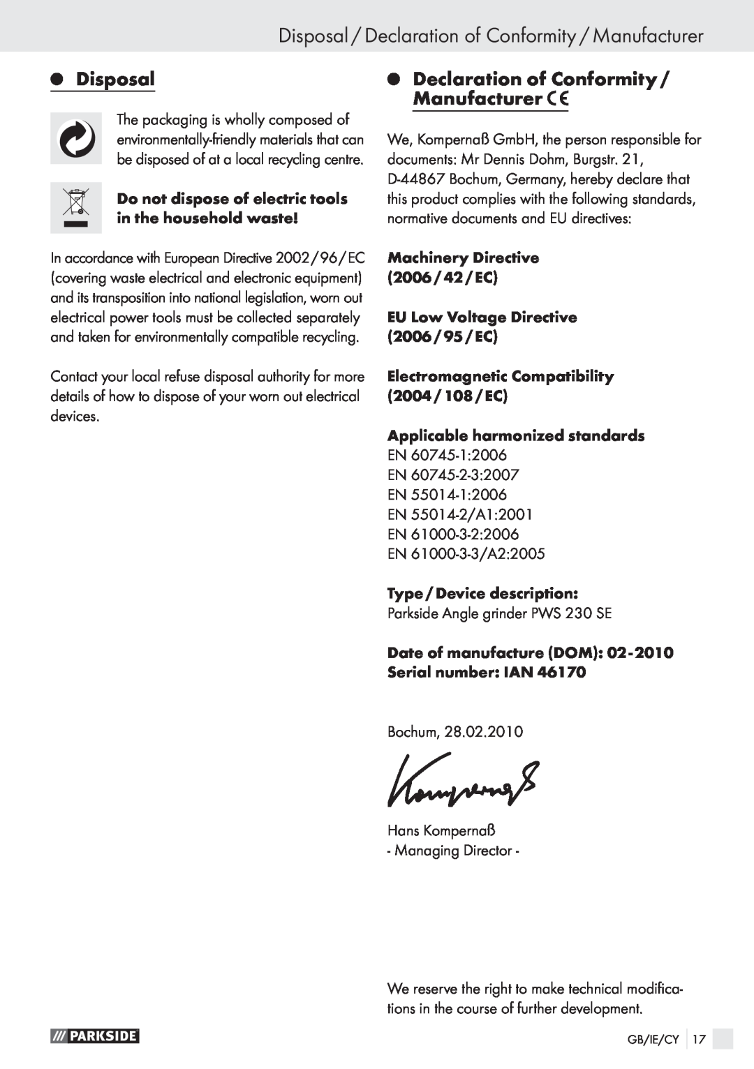 Parkside PWS 230 SE manual Disposal / Declaration of Conformity / Manufacturer 
