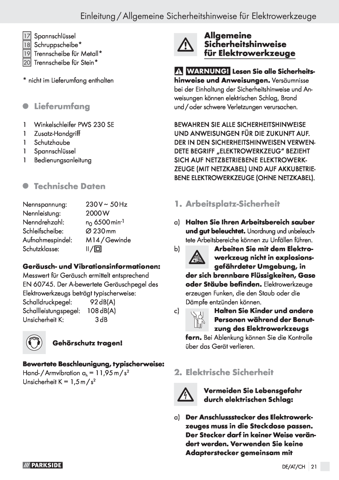 Parkside PWS 230 SE manual Einleitung / Allgemeine Sicherheitshinweise für Elektrowerkzeuge, Lieferumfang, Technische Daten 