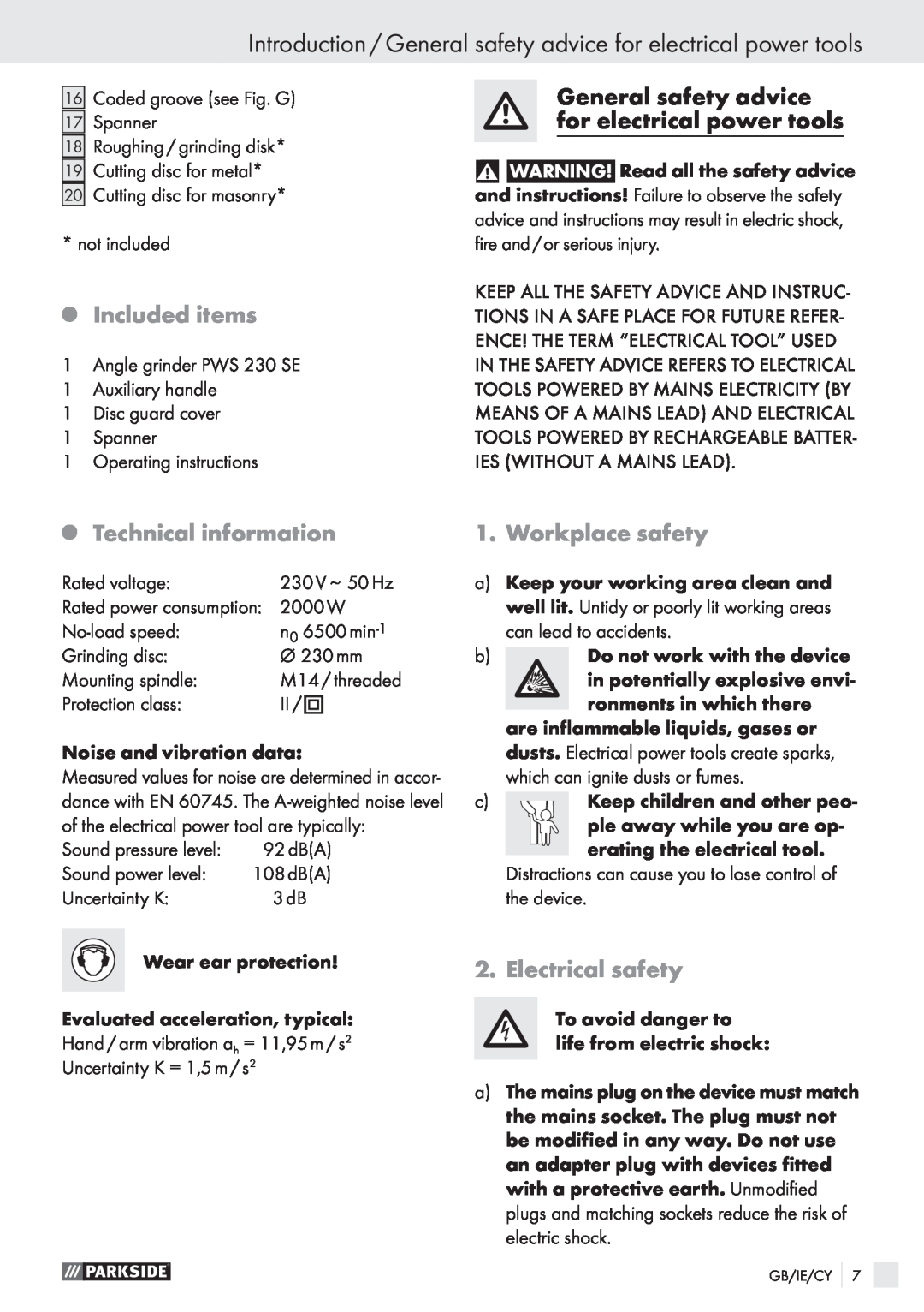 Parkside PWS 230 SE Introduction / General safety advice for electrical power tools, Included items, Technical information 