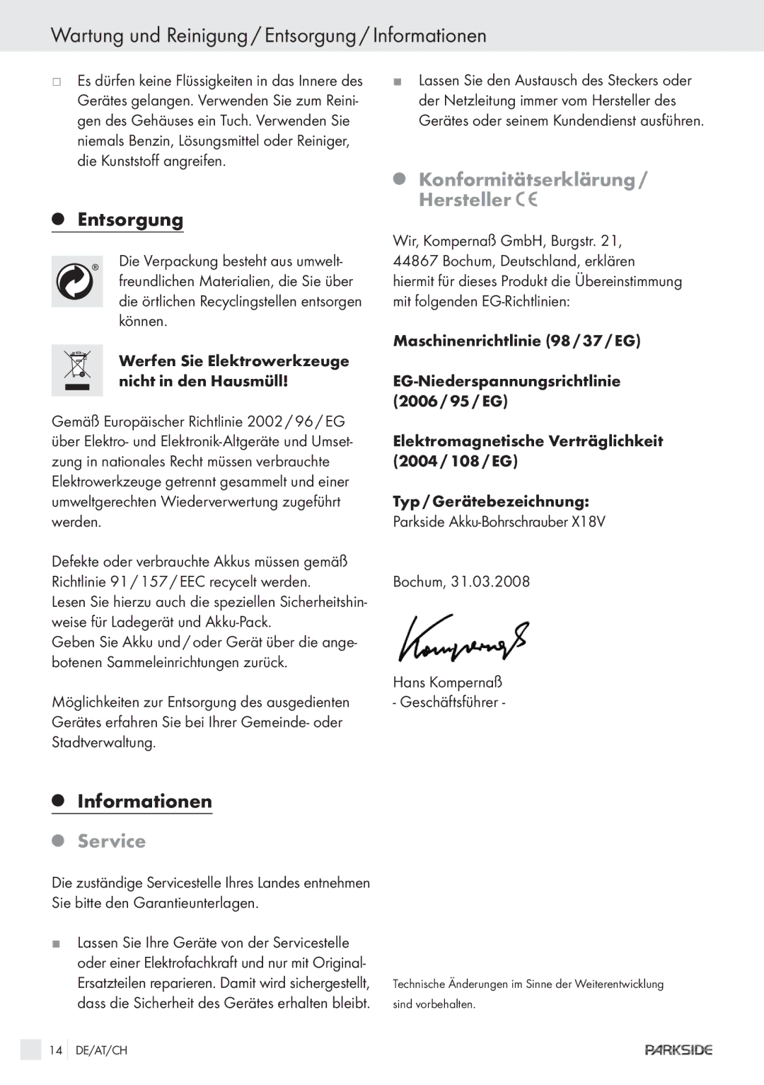 Parkside X1 8V manual Wartung und Reinigung / Entsorgung / Informationen, Konformitätserklärung / Hersteller, Service 