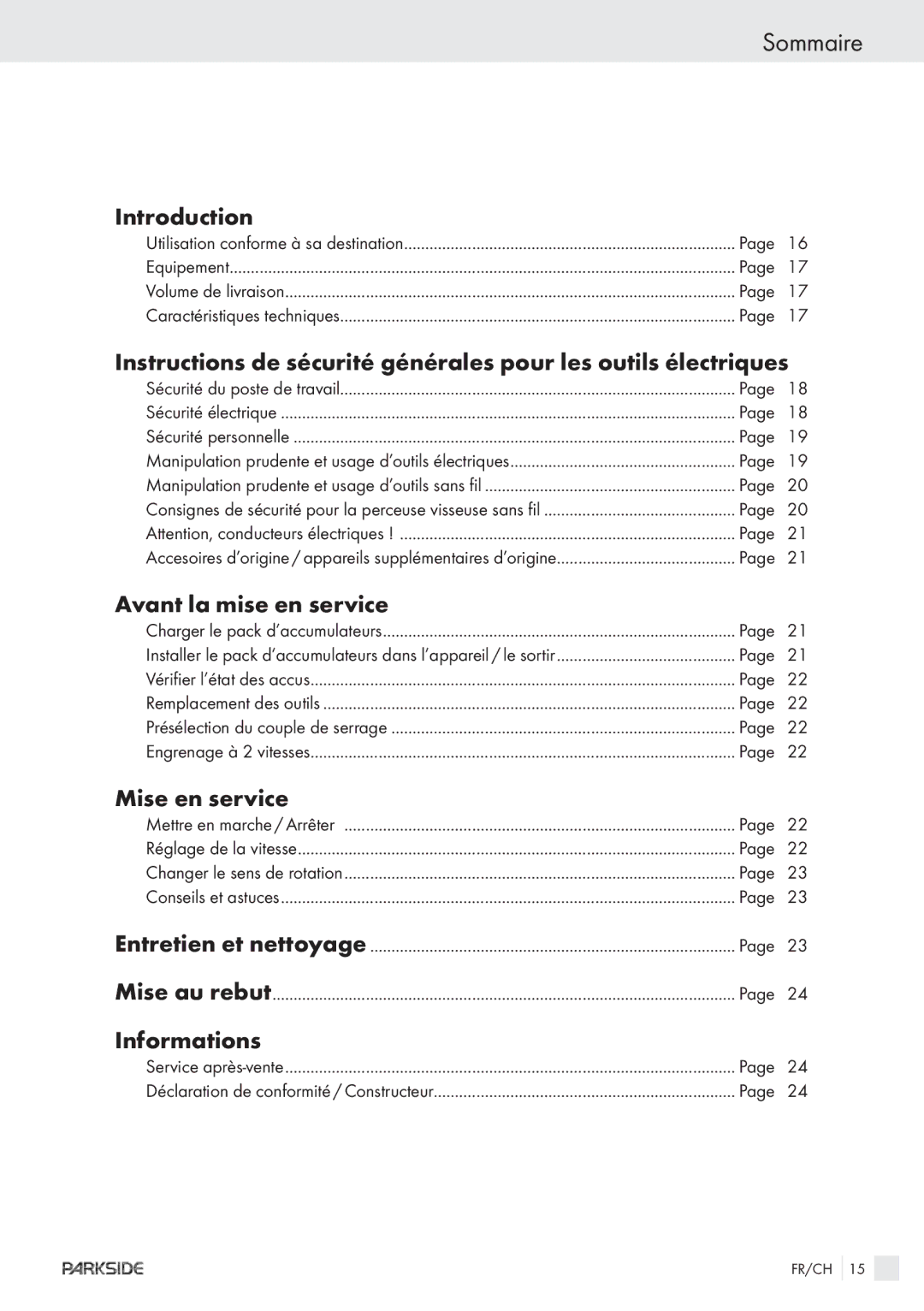 Parkside X1 8V manual Sommaire, Introduction, Avant la mise en service, Mise en service, Informations 