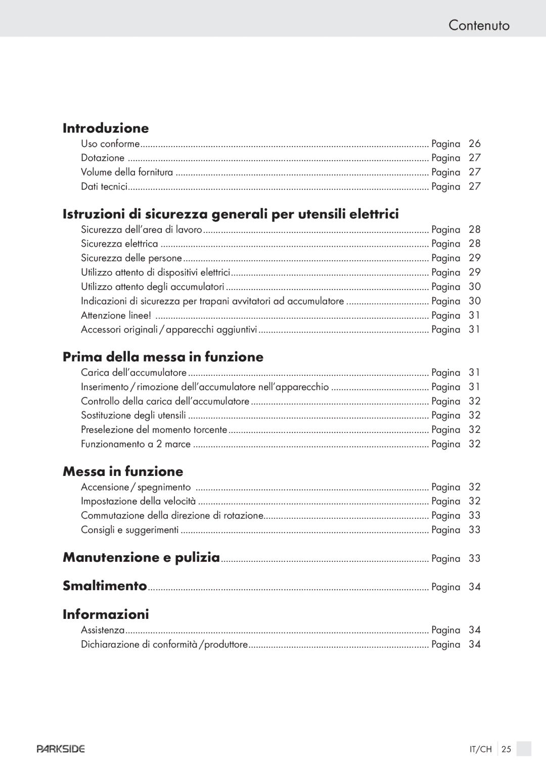 Parkside X1 8V manual Contenuto 