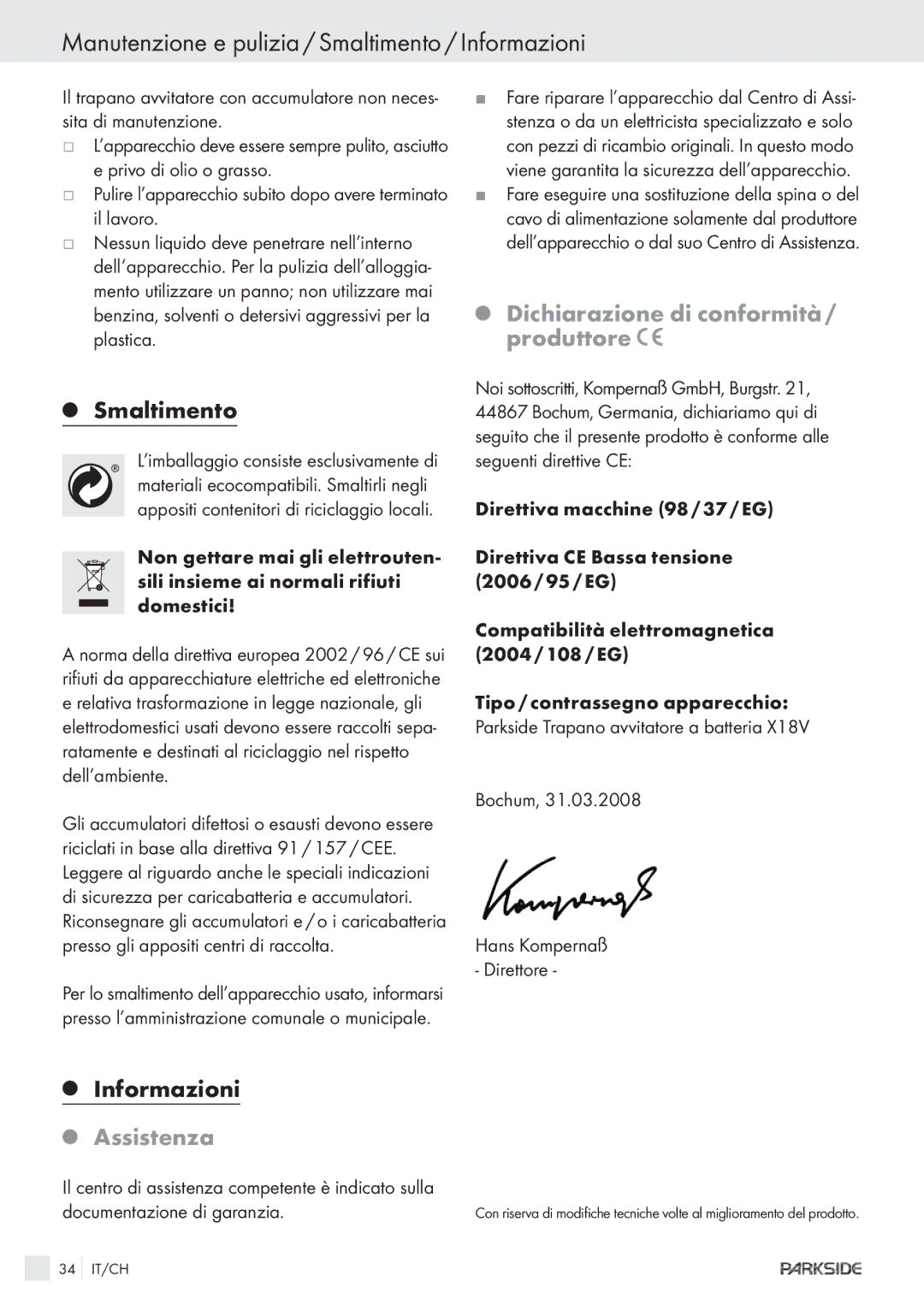 Parkside X1 8V Manutenzione e pulizia / Smaltimento / Informazioni, Dichiarazione di conformità / produttore, Assistenza 