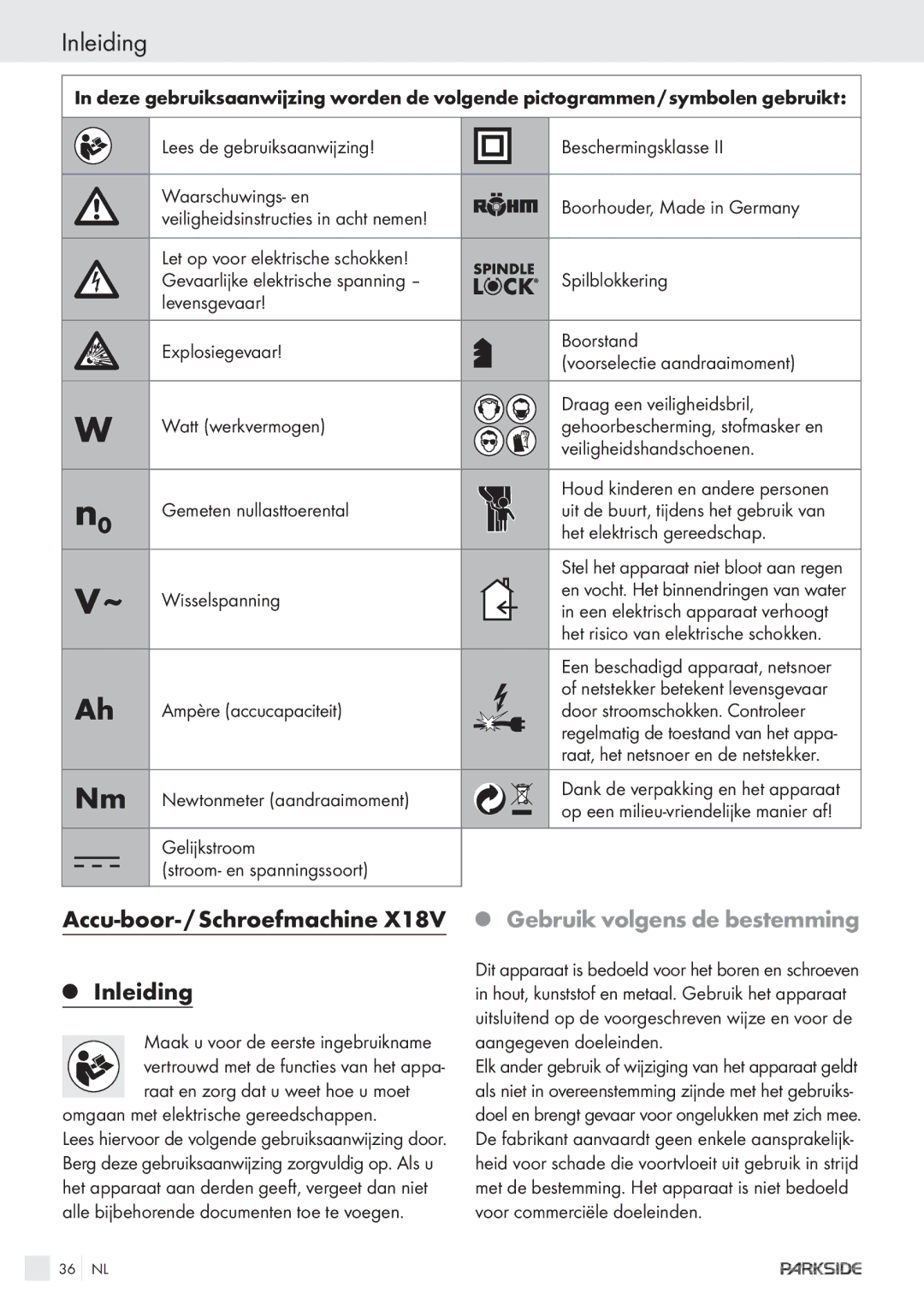 Parkside X1 8V manual Accu-boor- / Schroefmachine Inleiding, Gebruik volgens de bestemming 