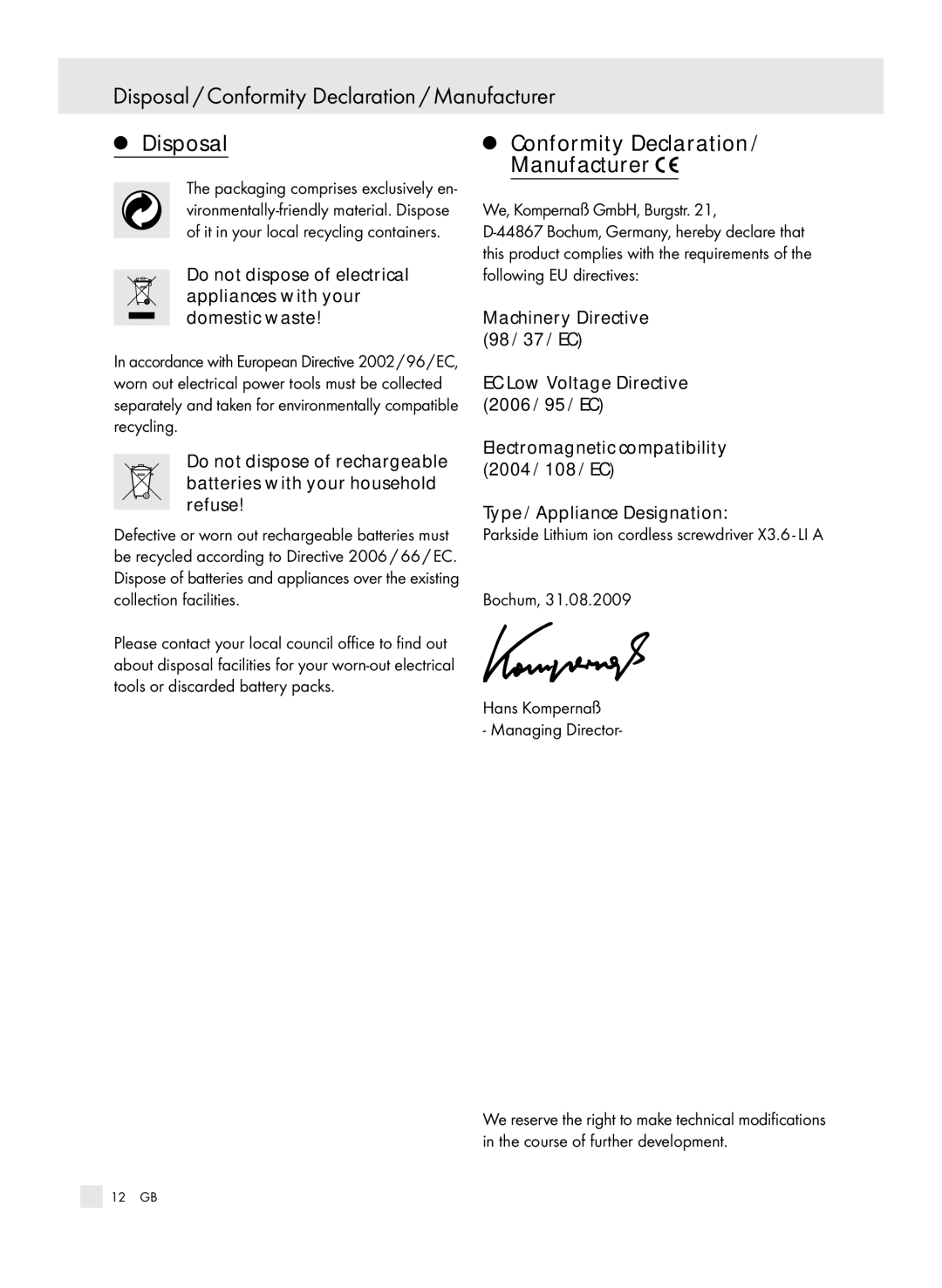 Parkside 6-LIA, X3 manual Disposal / Conformity Declaration / Manufacturer, Conformity Declaration / Manufacturer 