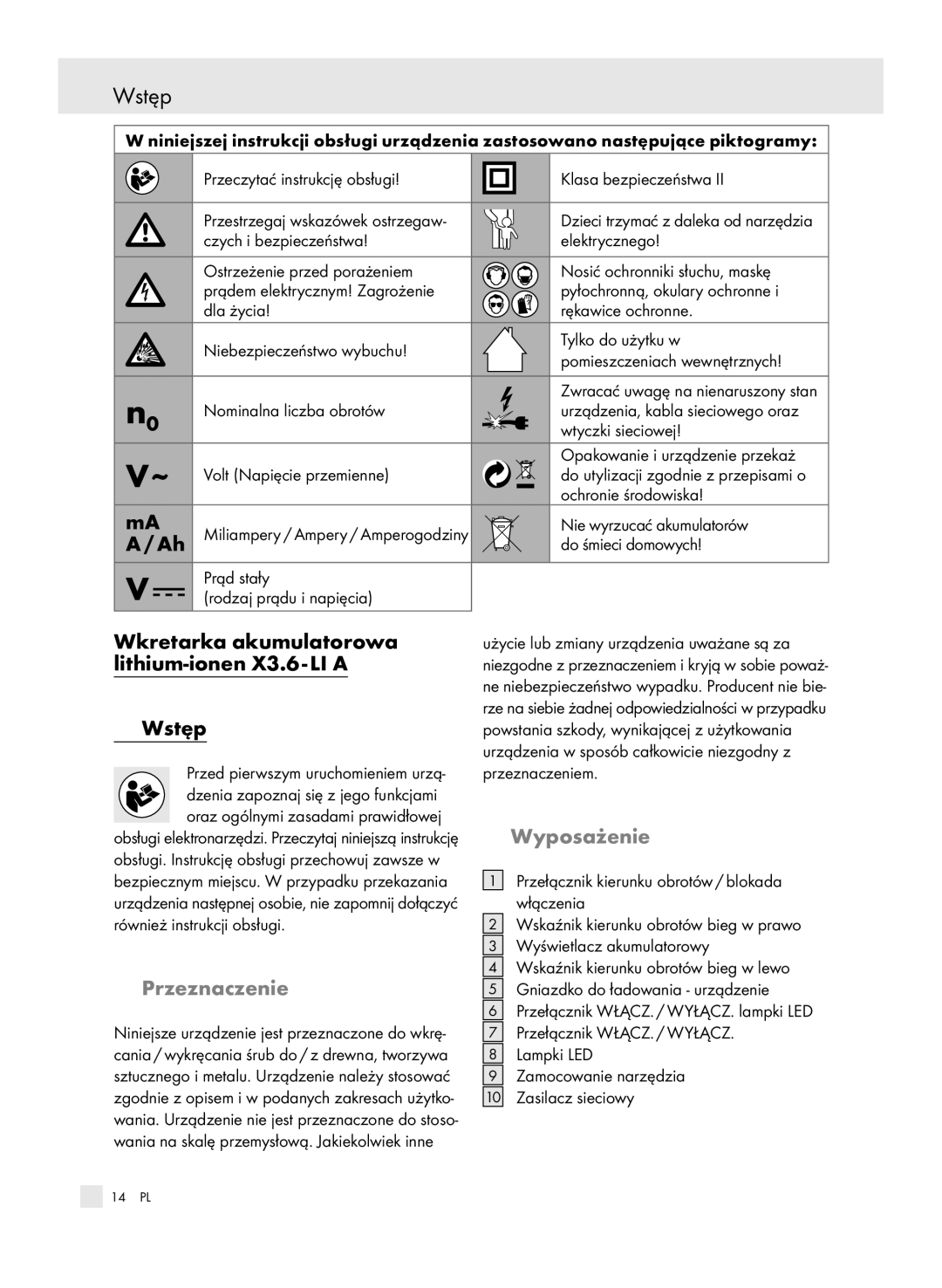 Parkside 6-LIA manual Wkretarka akumulatorowa lithium-ionenX3.6 - LI a Wstęp, Przeznaczenie, Wyposażenie 