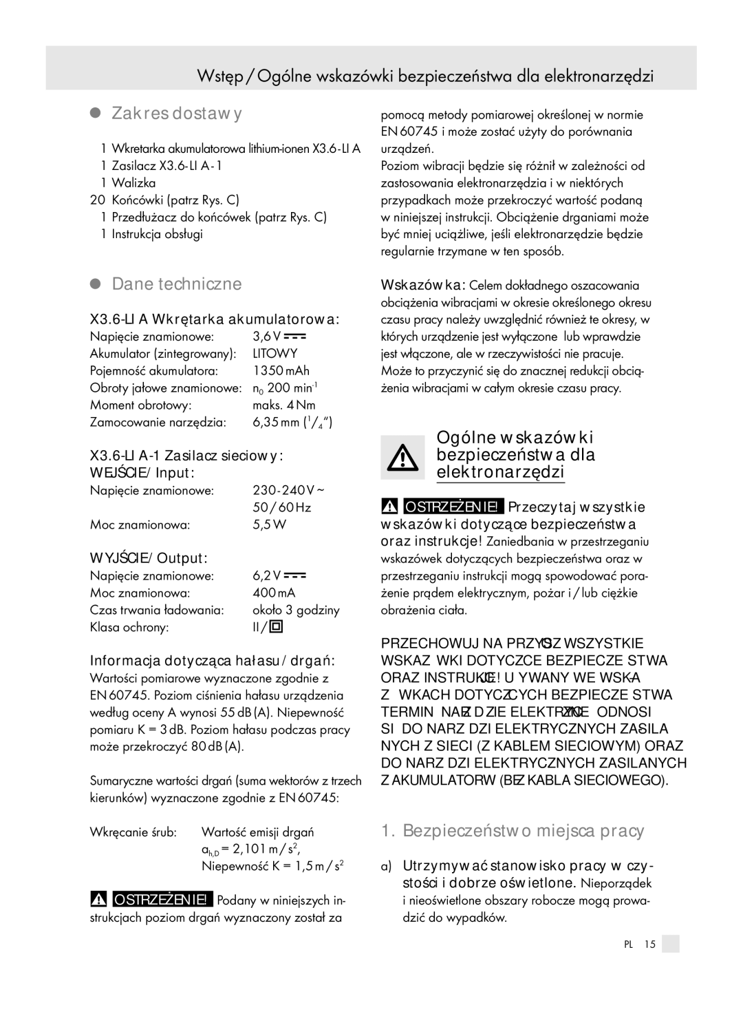 Parkside X3, 6-LIA manual Wstęp / Ogólne wskazówki bezpieczeństwa dla elektronarzędzi, Zakres dostawy, Dane techniczne 