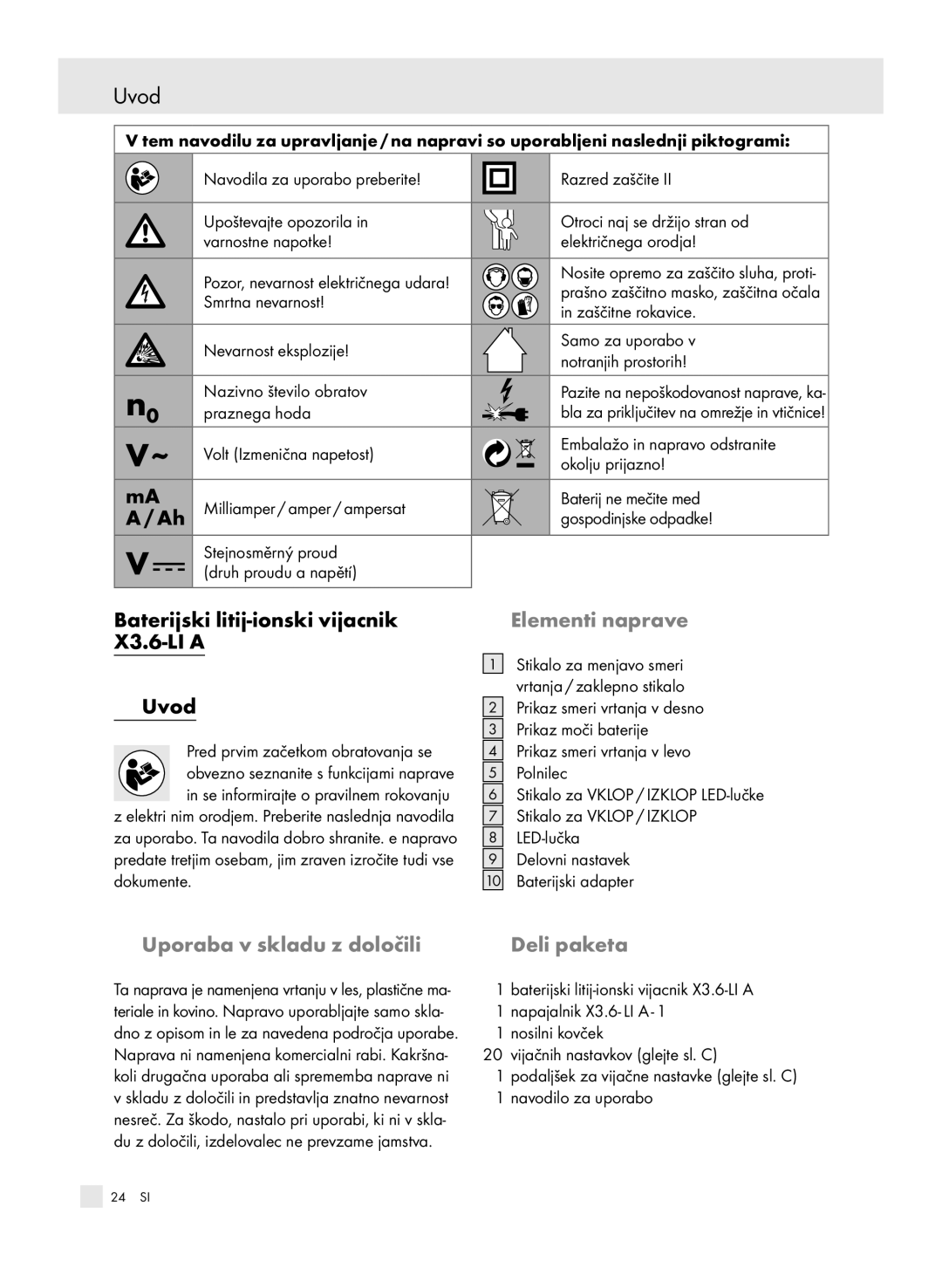 Parkside 6-LIA manual Baterijski litij-ionski vijacnik, Elementi naprave, X3.6-LI a Uvod 