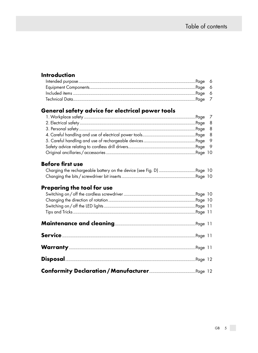 Parkside X3, 6-LIA manual Table of contents 