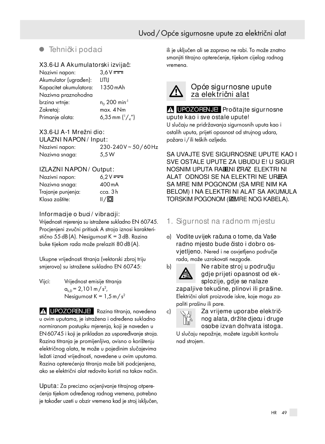 Parkside X3, 6-LIA manual Uvod / Opće sigurnosne upute za električni alat, Tehnički podaci, Sigurnost na radnom mjestu 