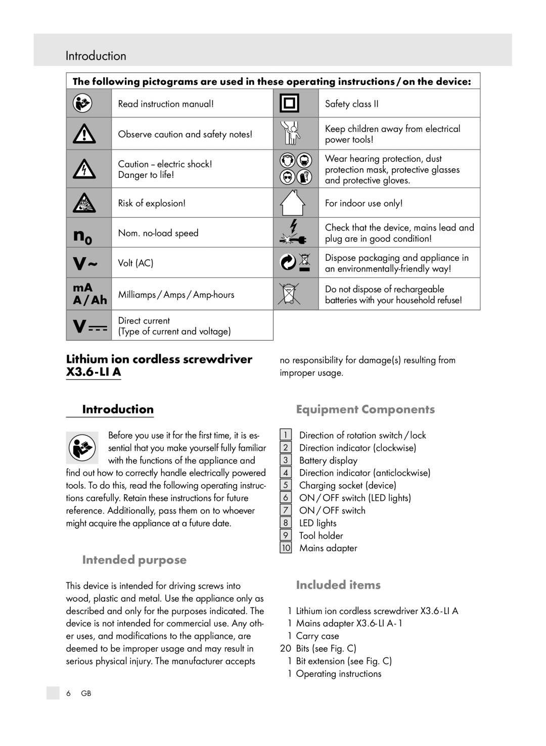 Parkside 6-LIA, X3 manual Introduction, Intended purpose, Equipment Components, Included items 