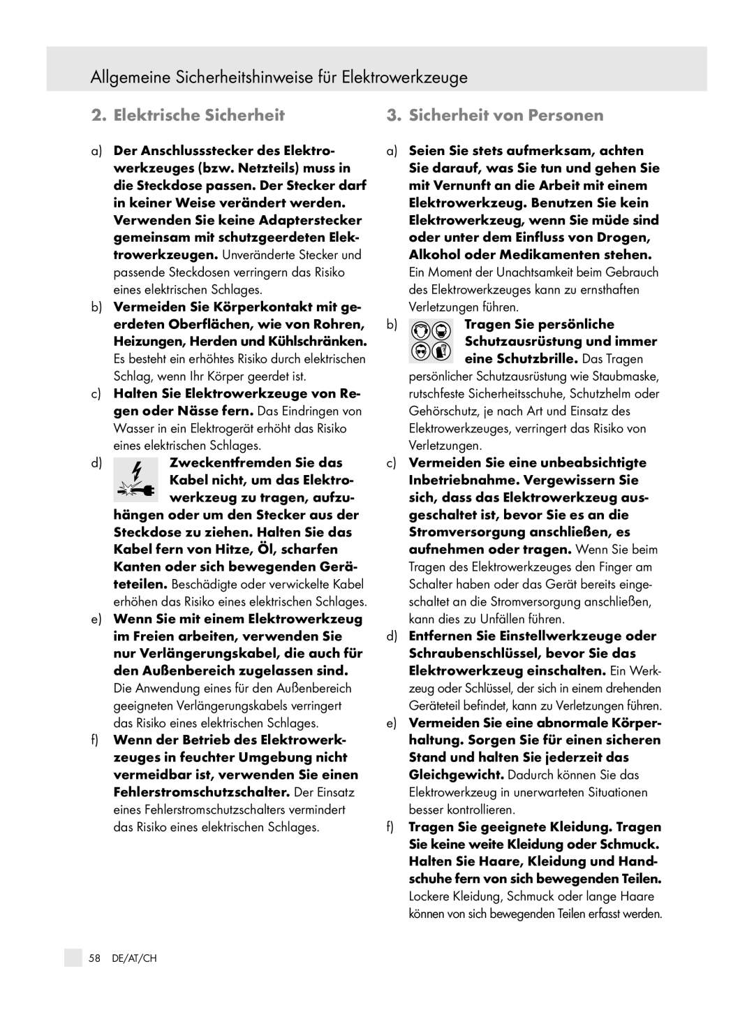 Parkside 6-LIA, X3 Allgemeine Sicherheitshinweise für Elektrowerkzeuge, Elektrische Sicherheit Sicherheit von Personen 