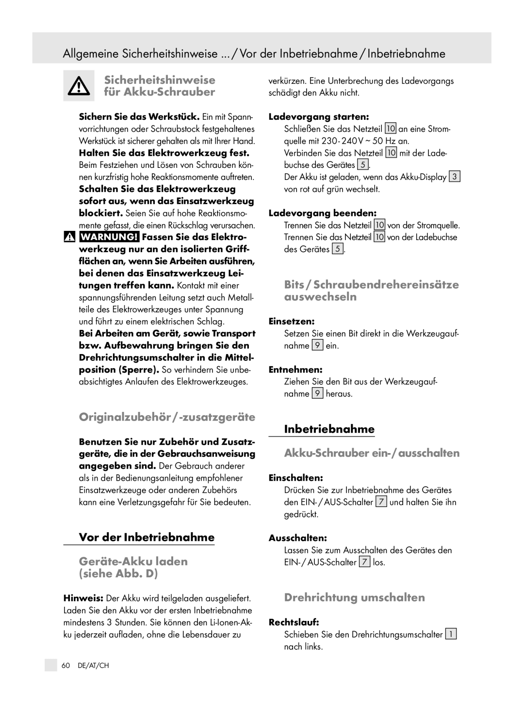 Parkside 6-LIA Sicherheitshinweise für Akku-Schrauber, Bits / Schraubendrehereinsätze auswechseln, Drehrichtung umschalten 