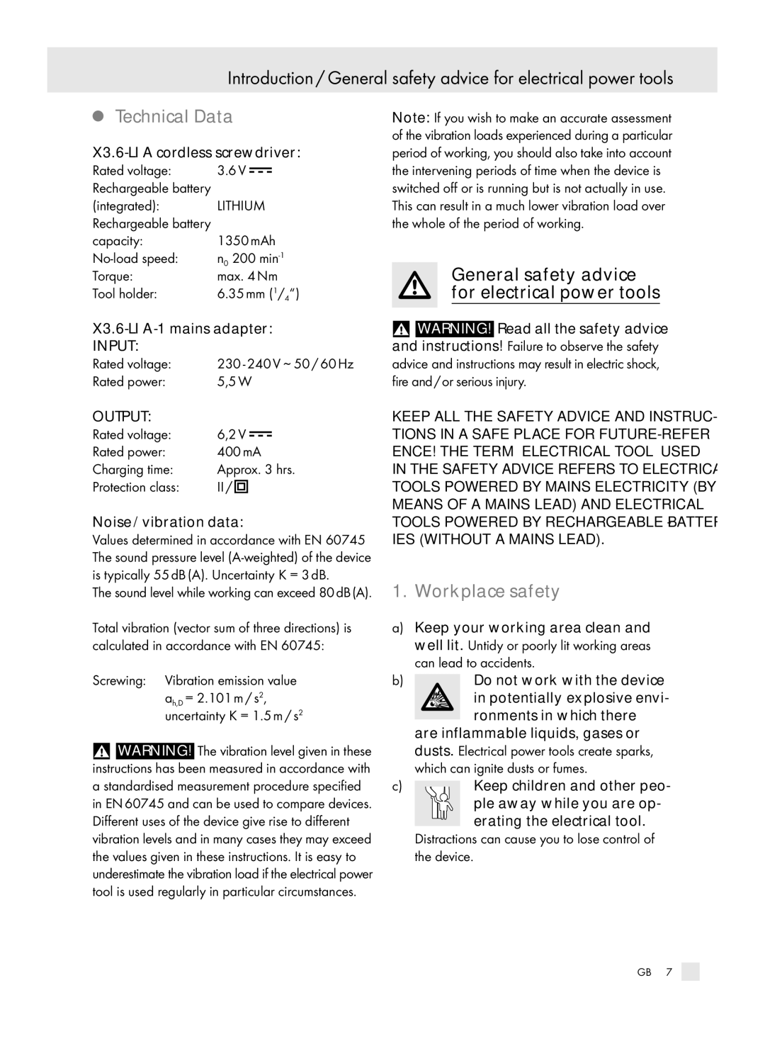 Parkside 6-LIA manual Technical Data, Workplace safety, X3.6-LI a cordless screwdriver Rated voltage, Integrated 