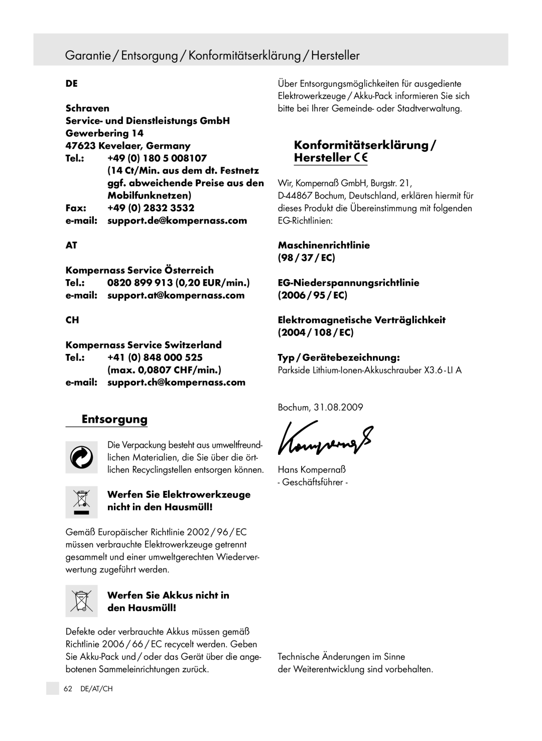 Parkside 6-LIA, X3 manual Garantie / Entsorgung / Konformitätserklärung / Hersteller, Konformitätserklärung / Hersteller 