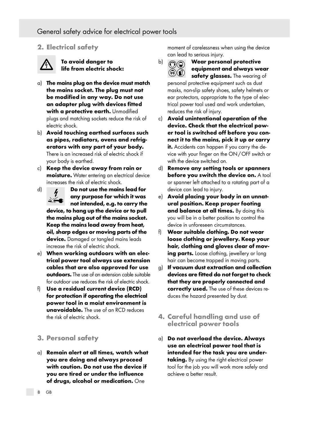 Parkside 6-LIA, X3 manual General safety advice for electrical power tools, Electrical safety, Personal safety 