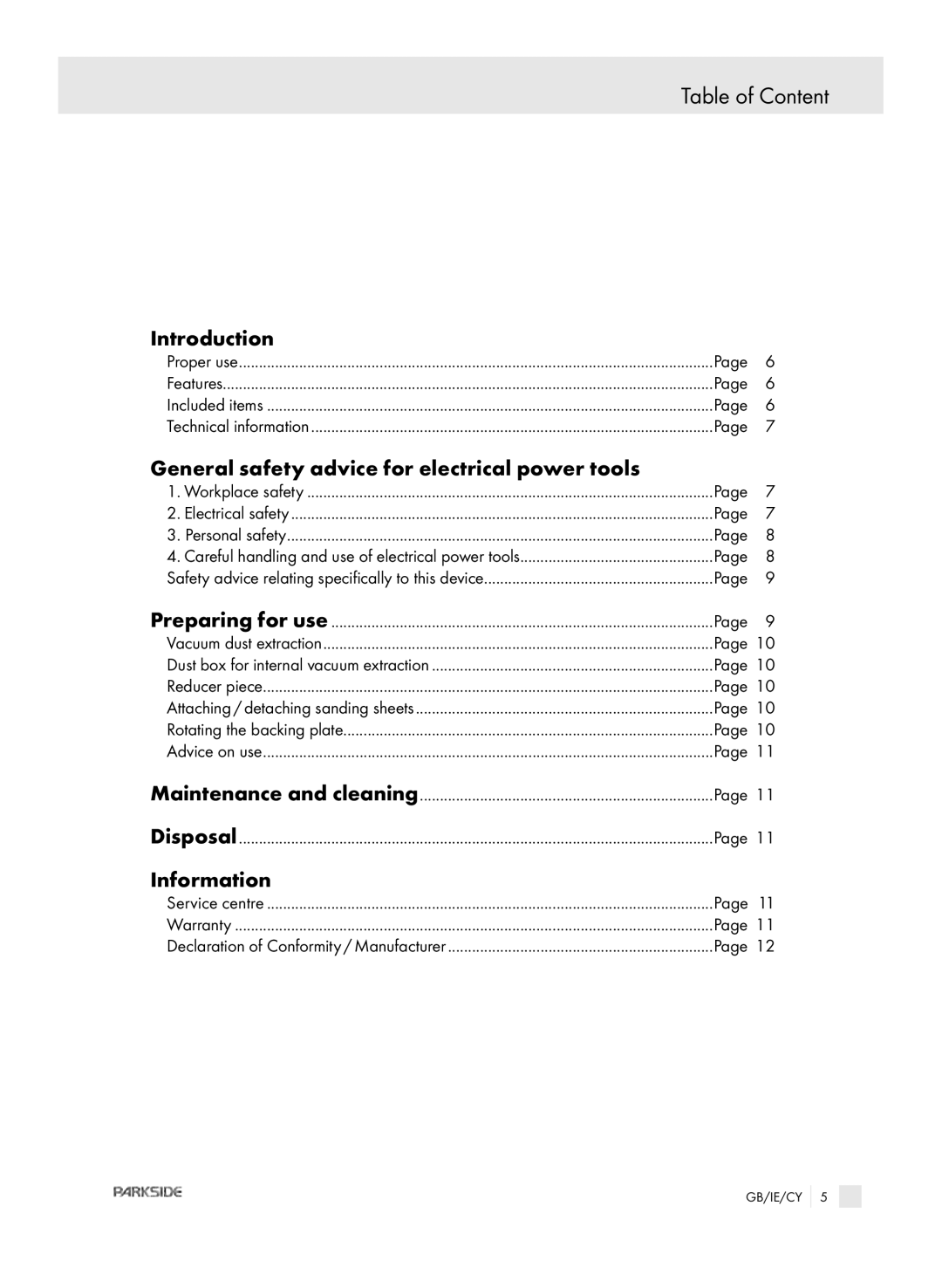 Parkside XQ2 SE manual Table of Content, Introduction, General safety advice for electrical power tools, Information 