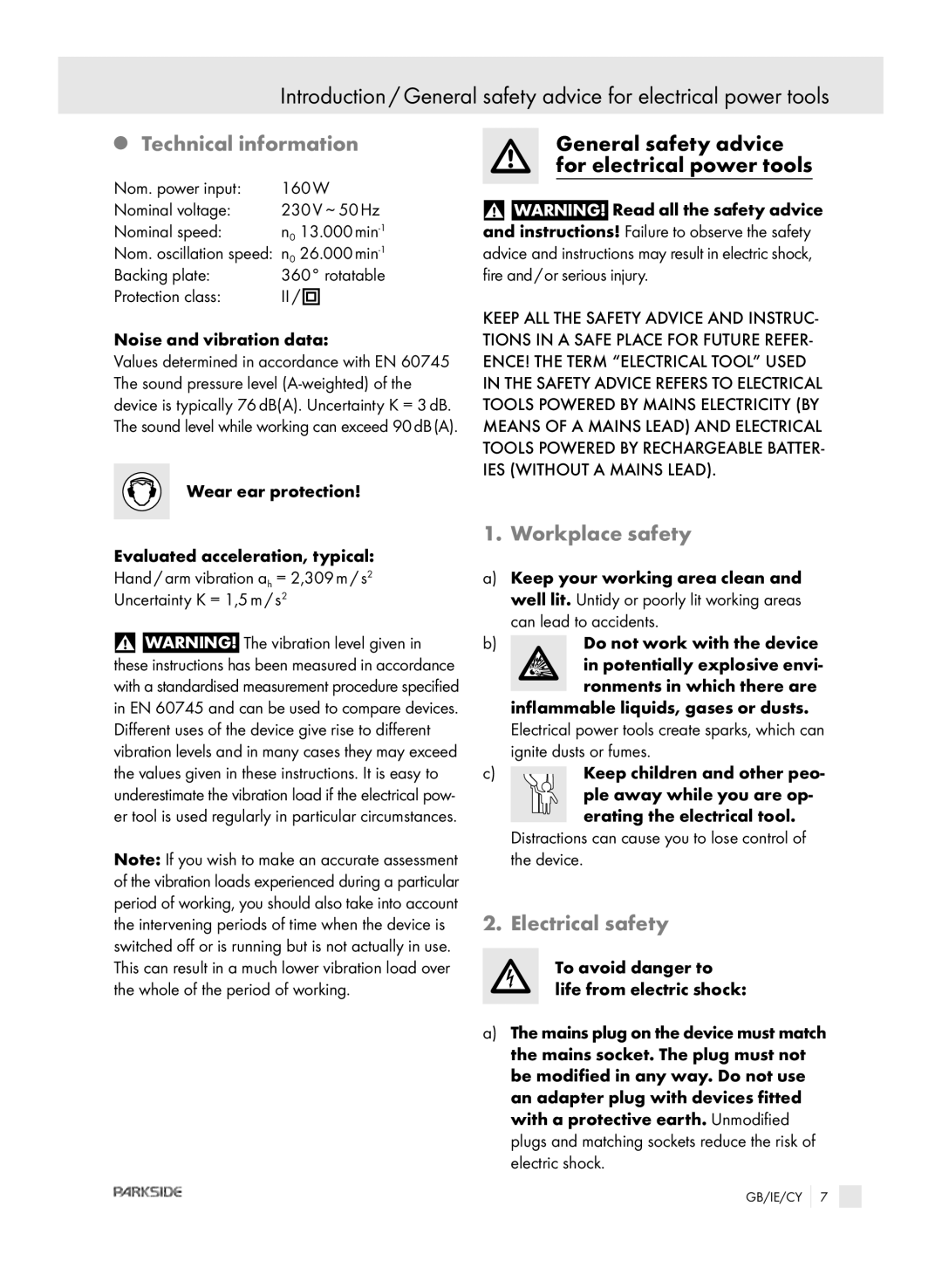 Parkside XQ2 SE manual Technical information, Workplace safety, Electrical safety 