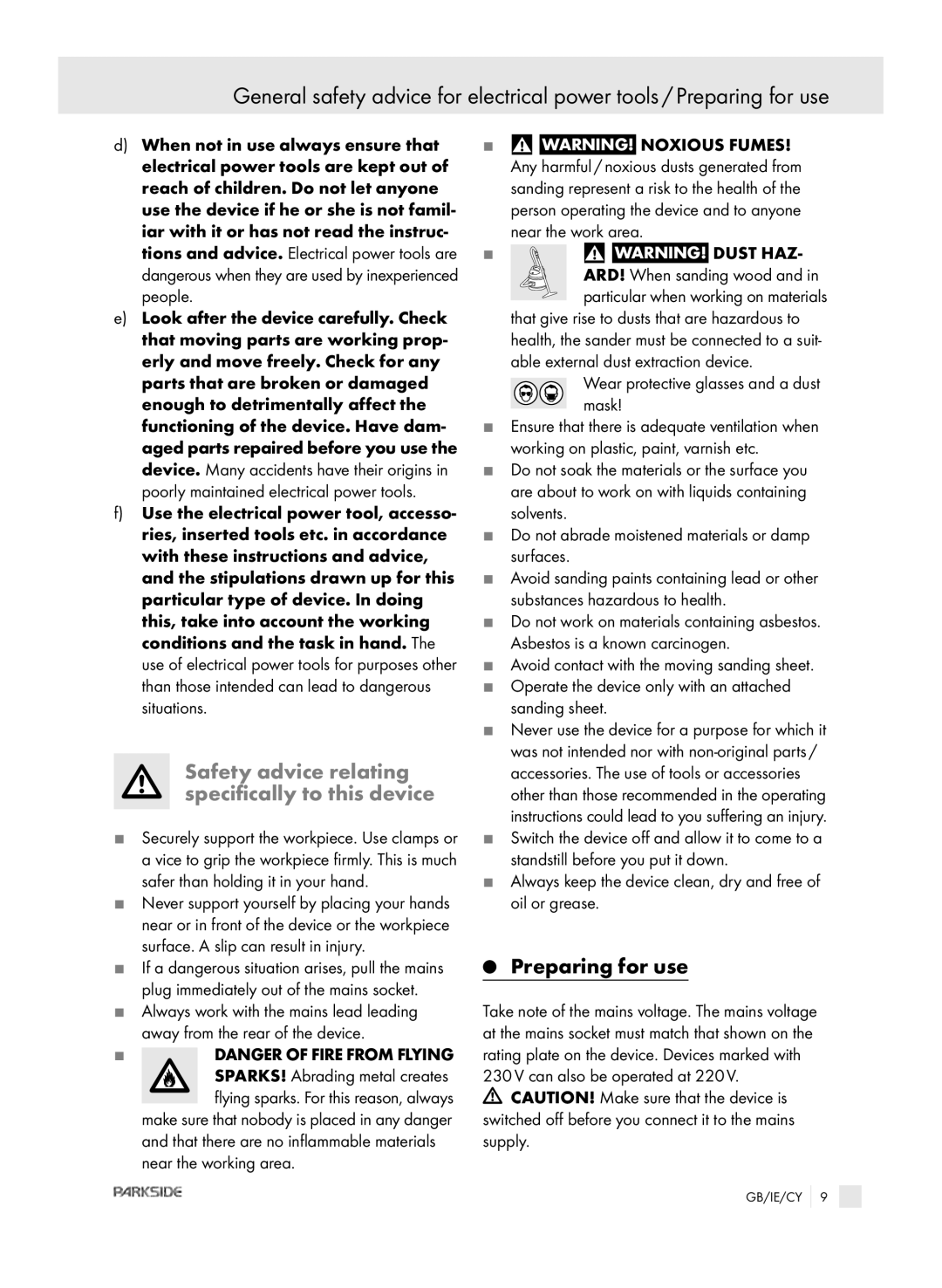 Parkside XQ2 SE manual Safety advice relating specifically to this device, Preparing for use 