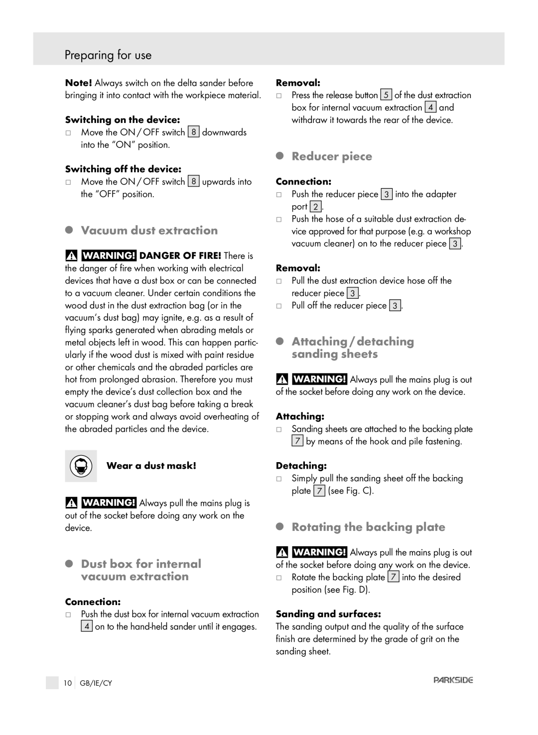 Parkside XQ2 SE manual Preparing for use 