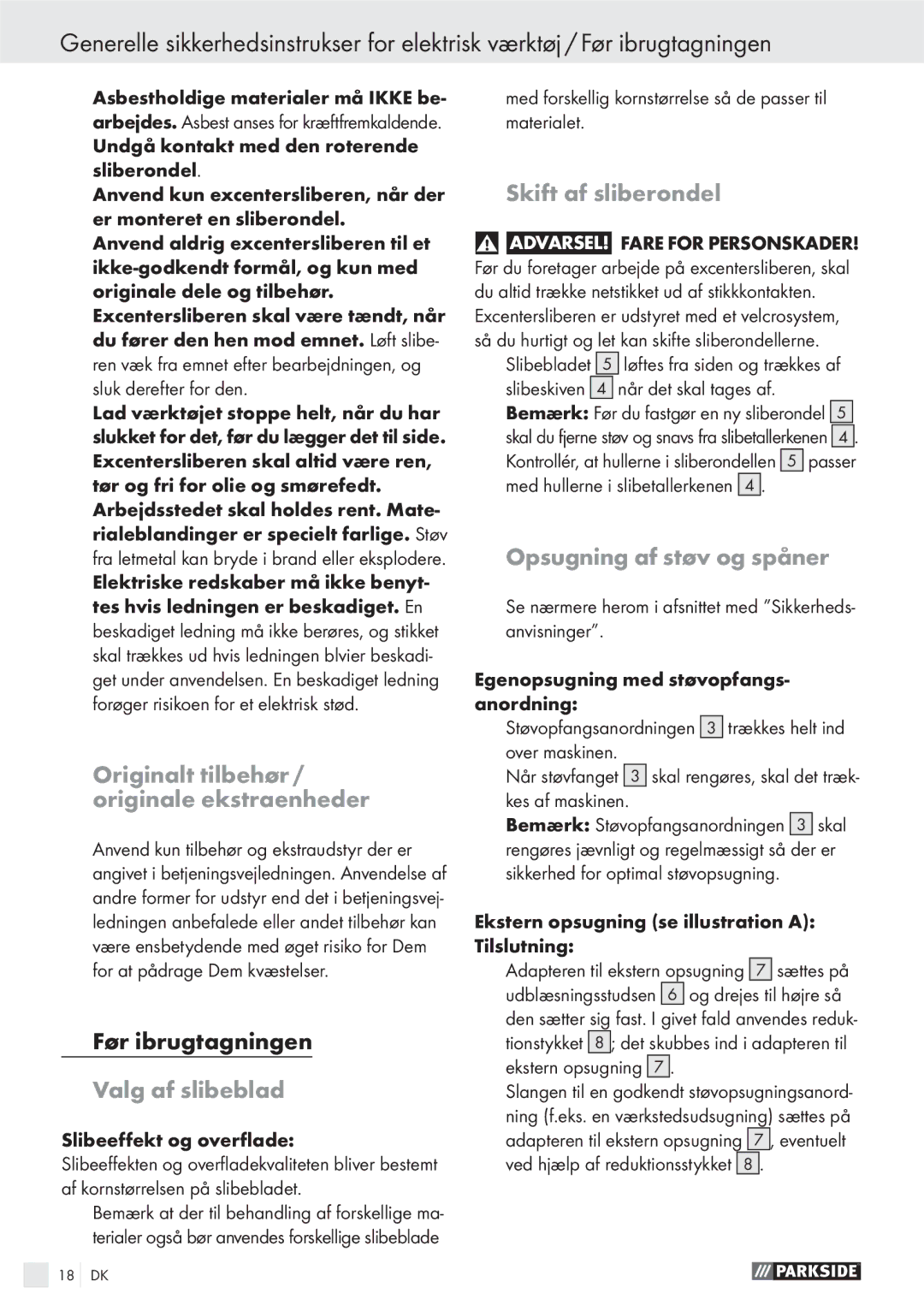 Parkside XQ270 manual Originalt tilbehør / originale ekstraenheder, Valg af slibeblad, Skift af sliberondel 