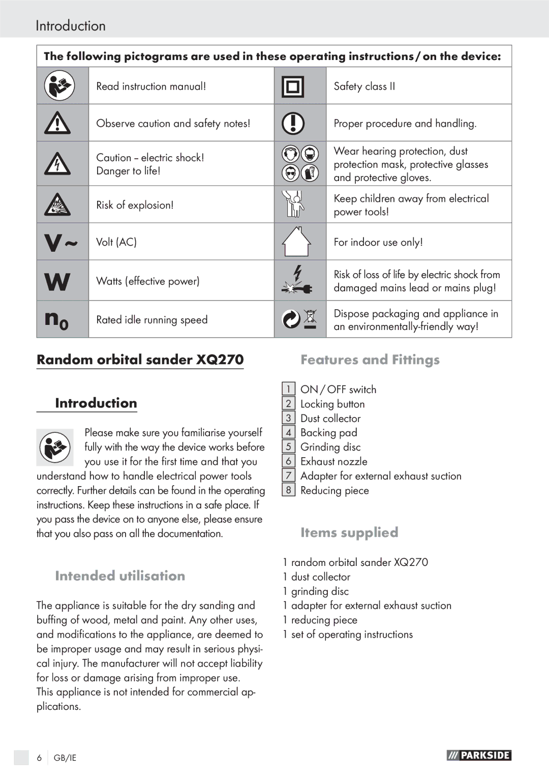 Parkside manual Introduction, Random orbital sander XQ270, Features and Fittings, Intended utilisation, Items supplied 