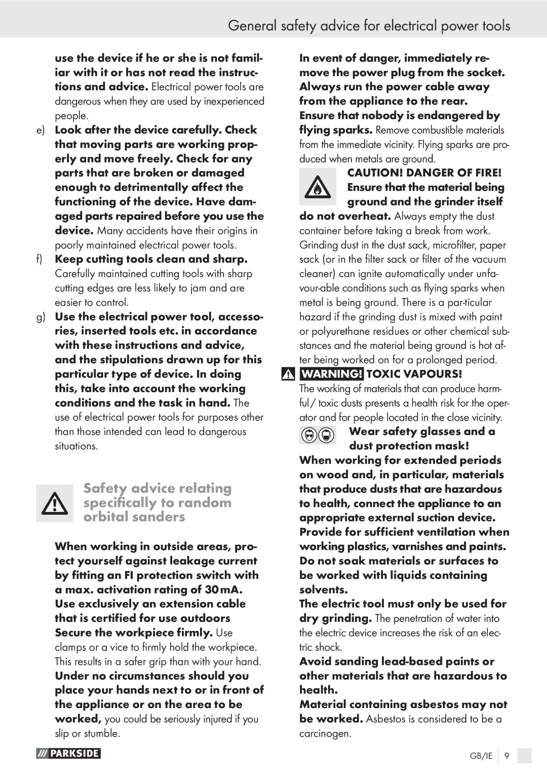 Parkside XQ270 manual Safety advice relating speciﬁcally to random orbital sanders 