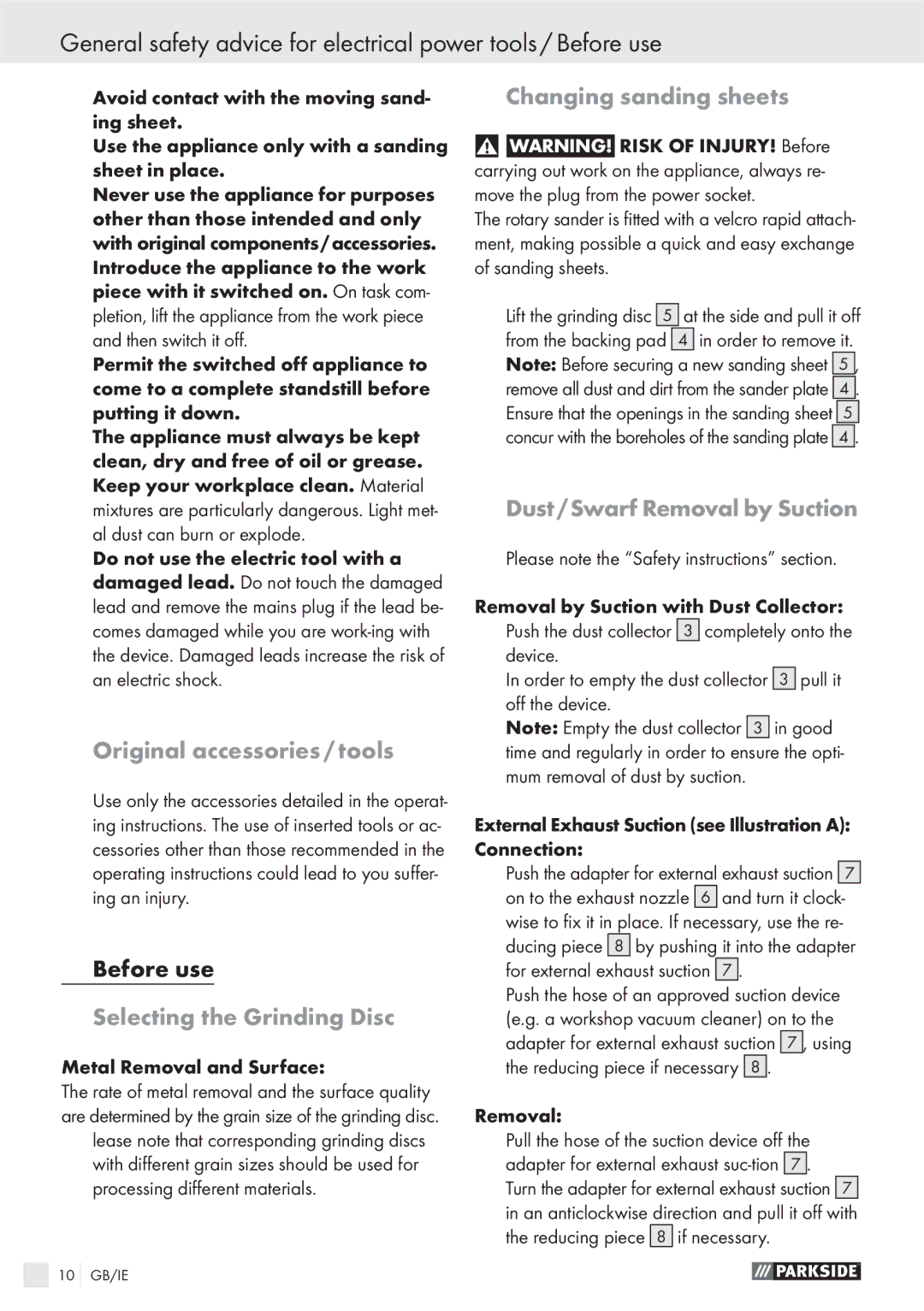 Parkside XQ270 manual Original accessories / tools, Selecting the Grinding Disc, Changing sanding sheets 