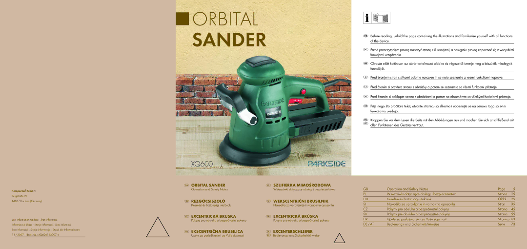 Parkside XQ600 manual Orbital Sander 