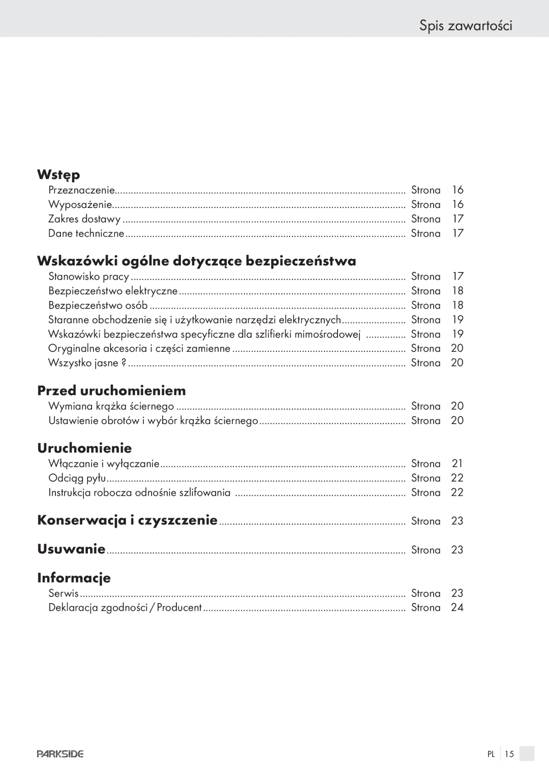 Parkside XQ600 manual Spis zawartości 