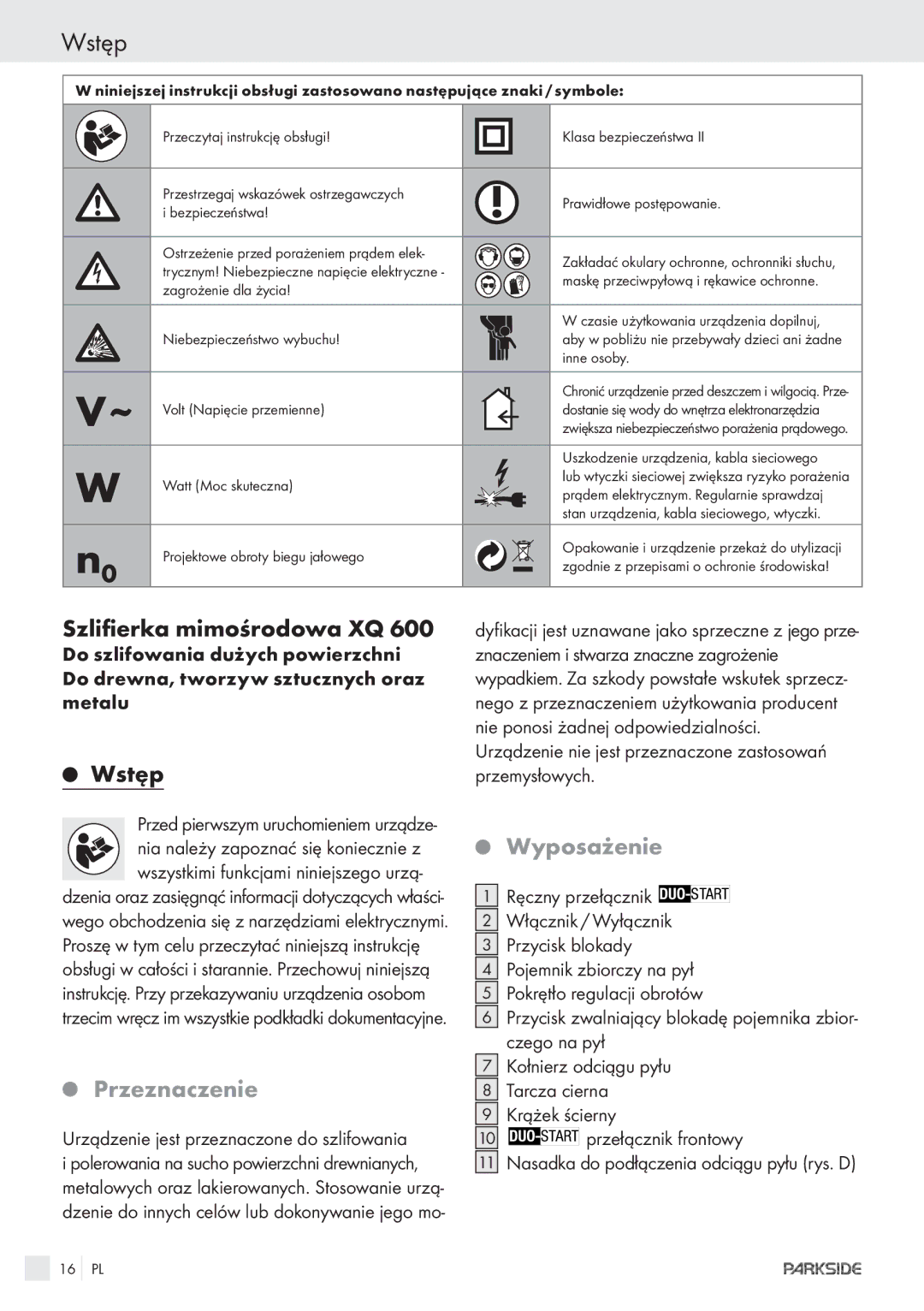 Parkside XQ600 manual Wstęp, Szlifierka mimośrodowa XQ, Przeznaczenie, Wyposażenie 