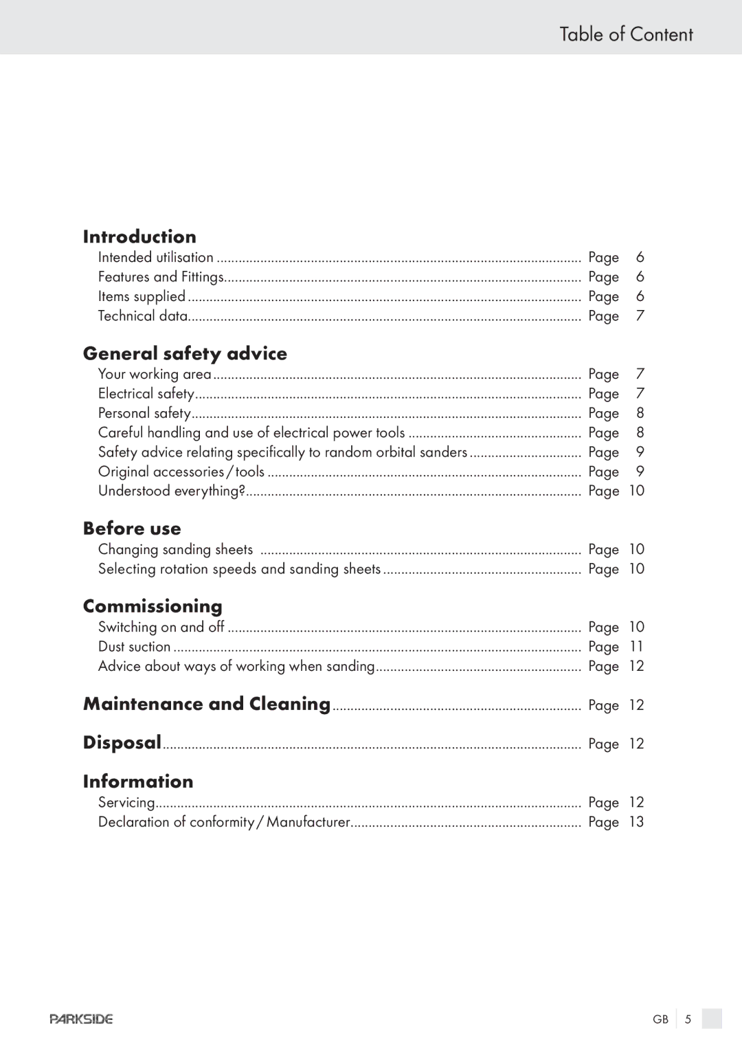 Parkside XQ600 manual Table of Content 