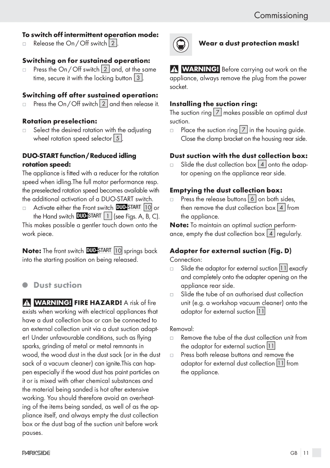 Parkside XQ600 manual Commissioning, Dust suction 