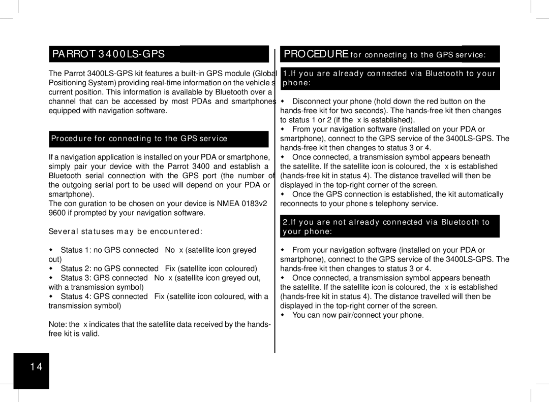 Parrot 3200 user manual Parrot 3400LS-GPS, Procedure for connecting to the GPS service 