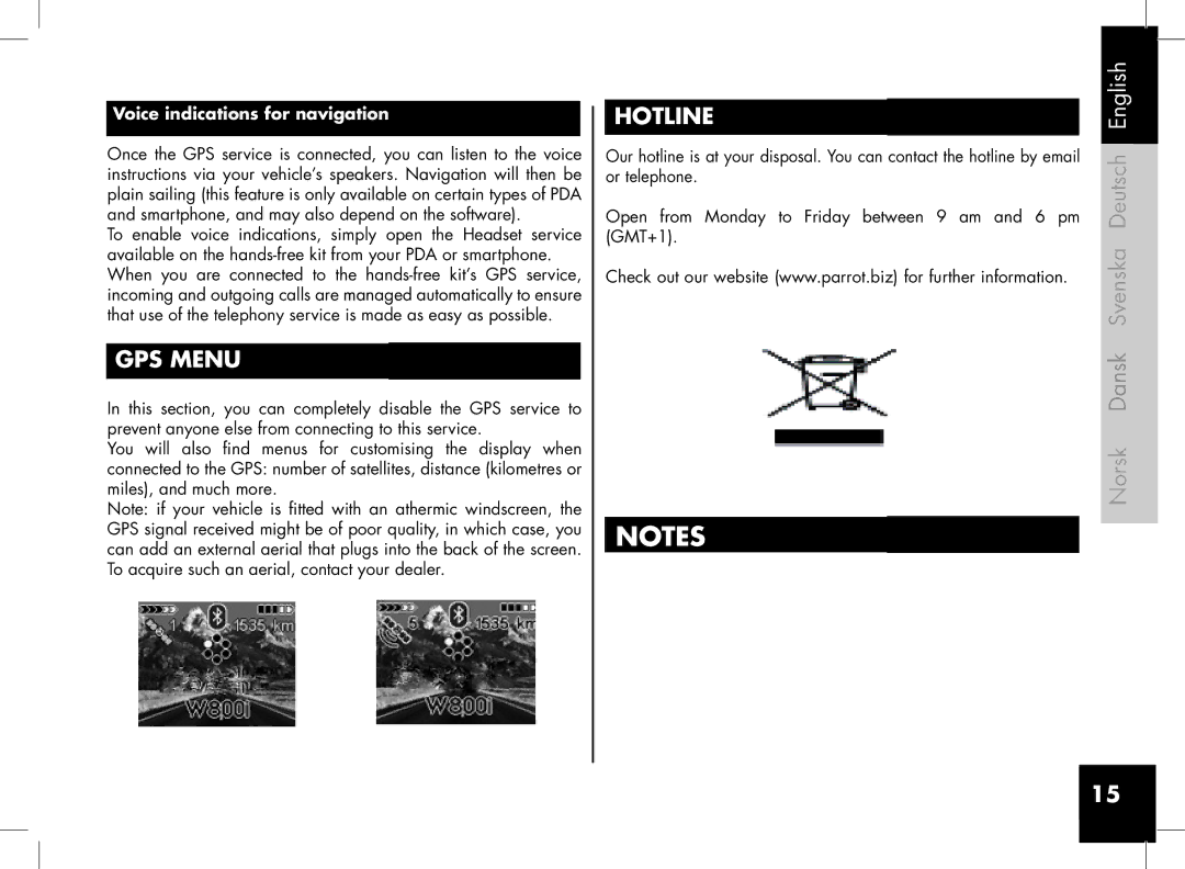 Parrot 3400, 3200 user manual GPS Menu, Hotline, Voice indications for navigation 