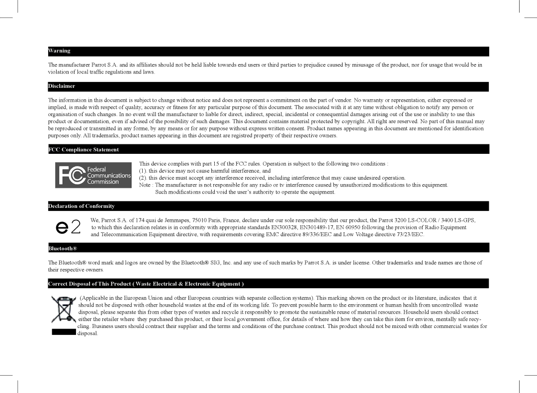 Parrot 3400, 3200 user manual Disclaimer 