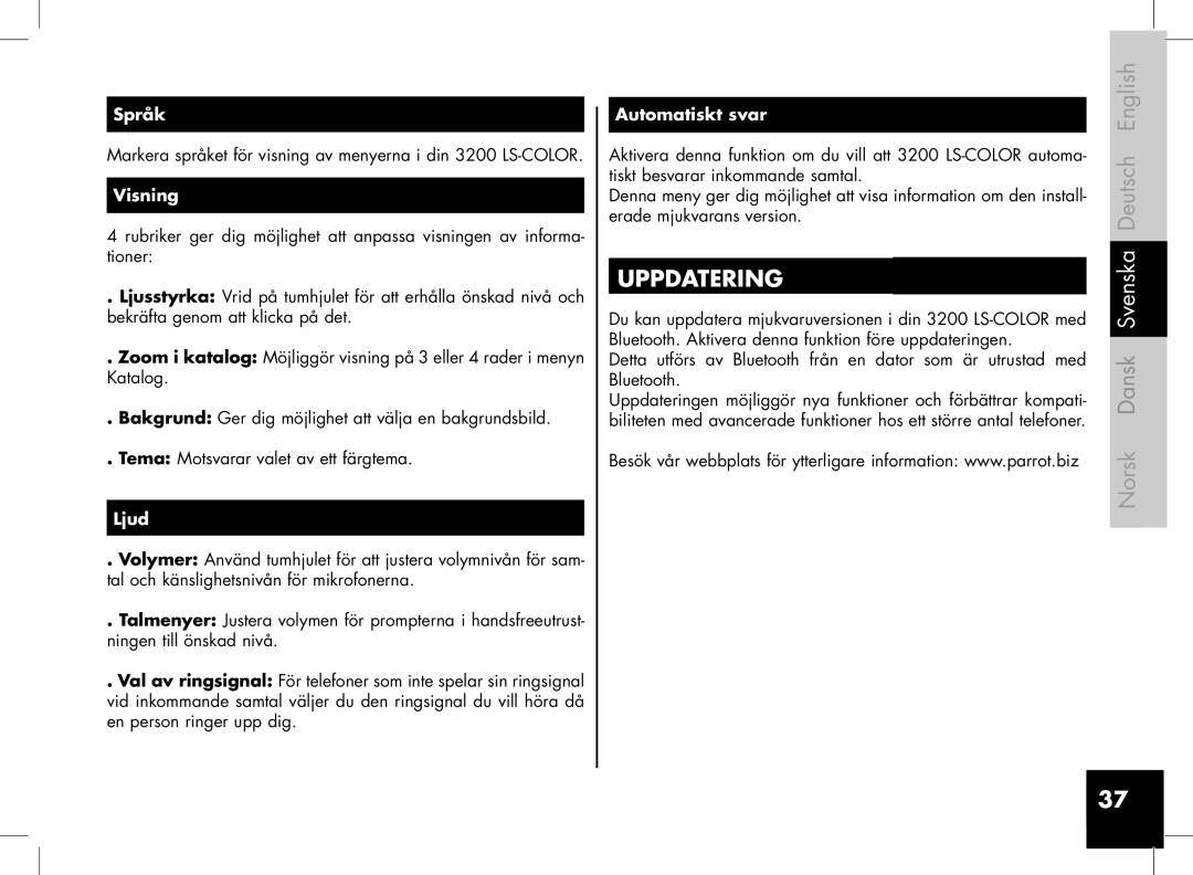 Parrot 3400, 3200 user manual Uppdatering, Språk, Visning, Ljud, Automatiskt svar 