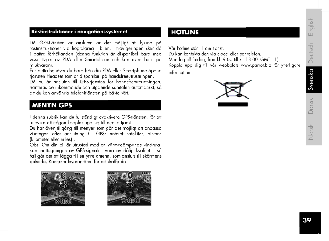 Parrot 3400, 3200 user manual Menyn GPS, Röstinstruktioner i navigationssystemet 