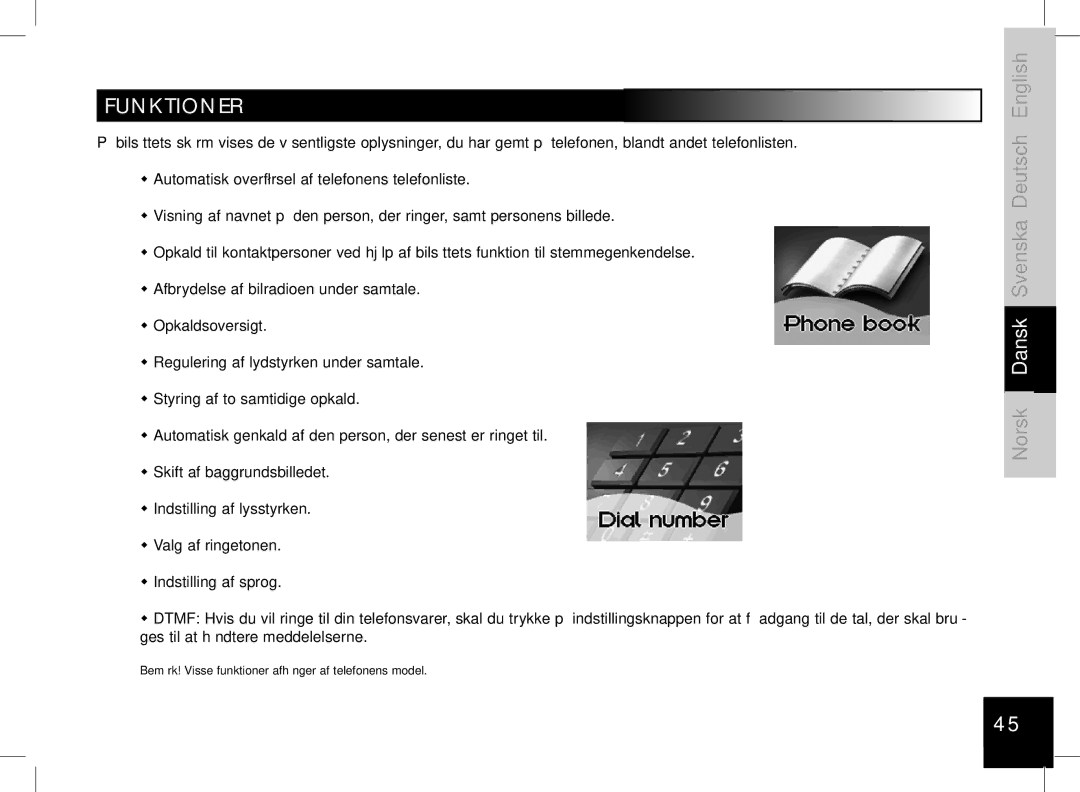 Parrot 3400, 3200 user manual Bemærk! Visse funktioner afhænger af telefonens model 