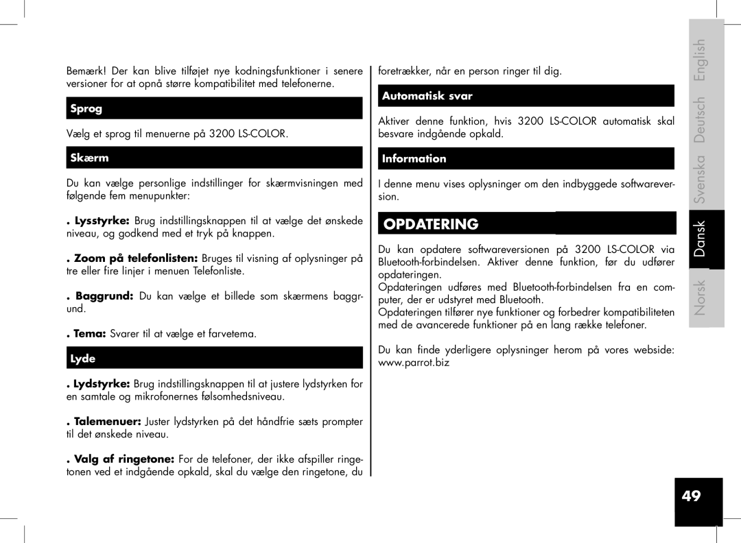 Parrot 3400, 3200 user manual Opdatering, Sprog, Skærm, Lyde, Automatisk svar 