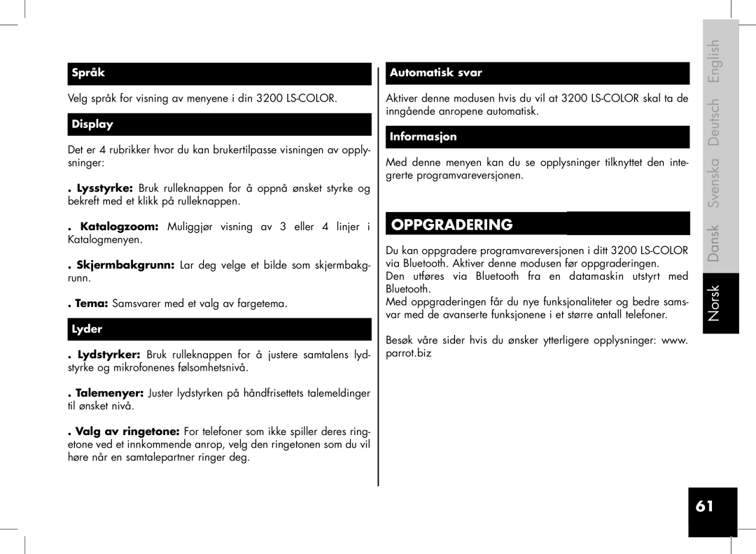 Parrot 3400, 3200 user manual Oppgradering, Lyder, Informasjon 