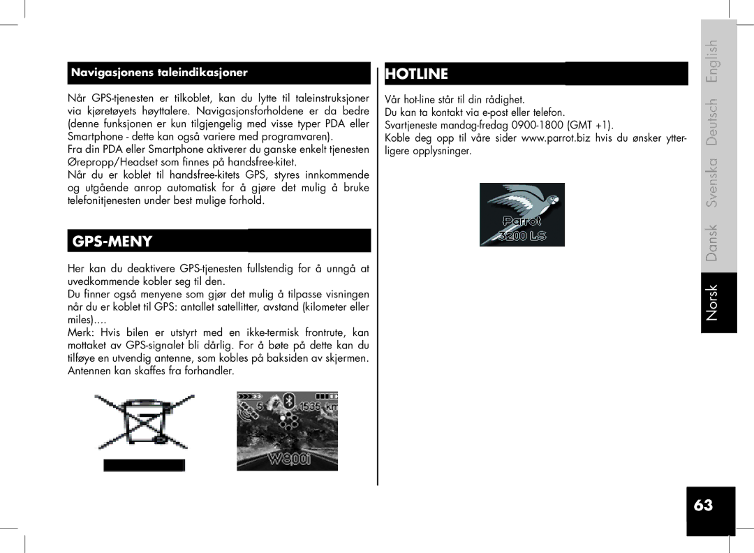 Parrot 3400, 3200 user manual Gps-Meny, Navigasjonens taleindikasjoner 