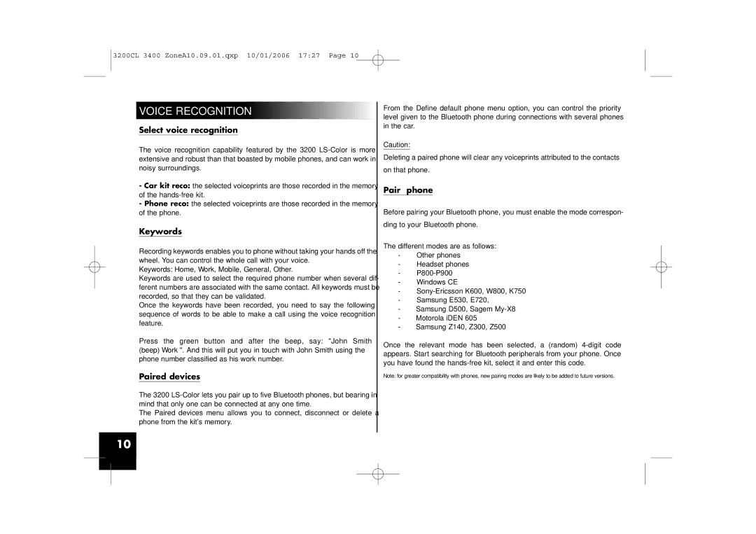 Parrot 3200, 3400 user manual Select voice recognition, Keywords, Paired devices, Pair phone 