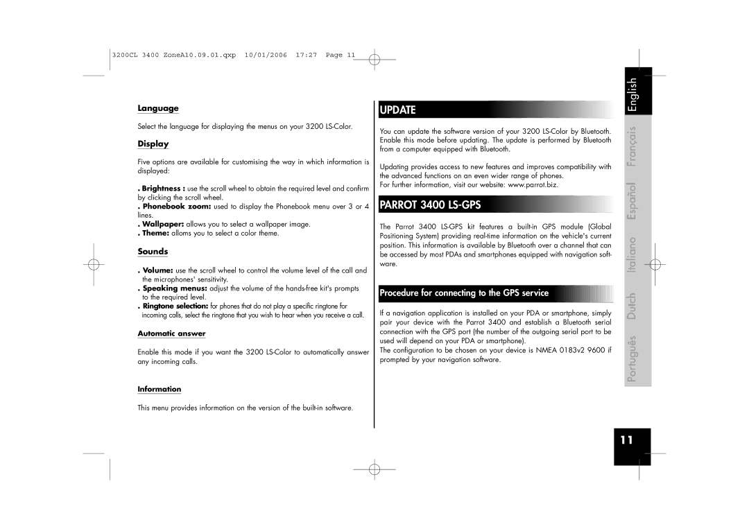 Parrot 3200 user manual Update, Parrot 3400 LS-GPS, Language, Display, Sounds 