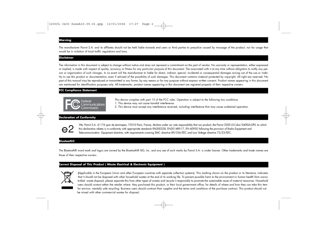 Parrot 3200, 3400 user manual Disclaimer 