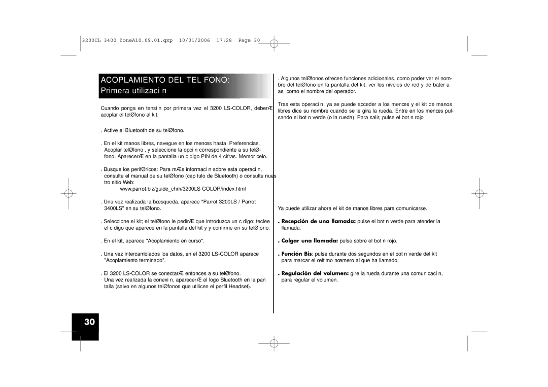 Parrot 3200, 3400 user manual Acoplamiento DEL Teléfono, Primera utilización 