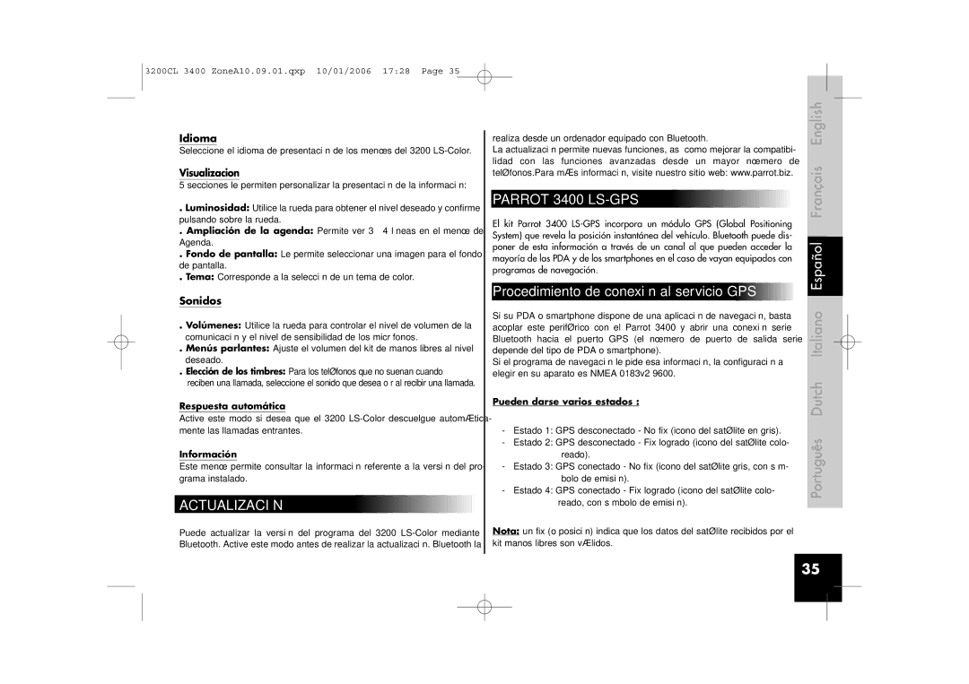 Parrot 3400, 3200 user manual Actualización, Procedimiento de conexión al servicio GPS, Idioma, Sonidos 