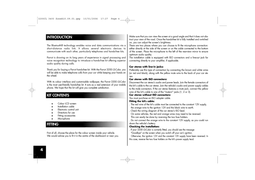 Parrot 3200, 3400 user manual Introduction, KIT Contents, Fitting 